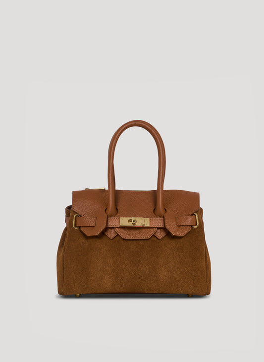 Borsa Elizabeth Micro in Camoscio e Pelle Cuoio