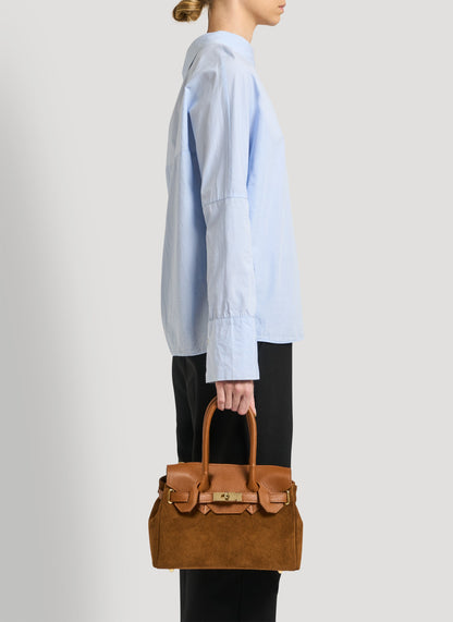 Borsa Elizabeth Micro in Camoscio e Pelle Cuoio