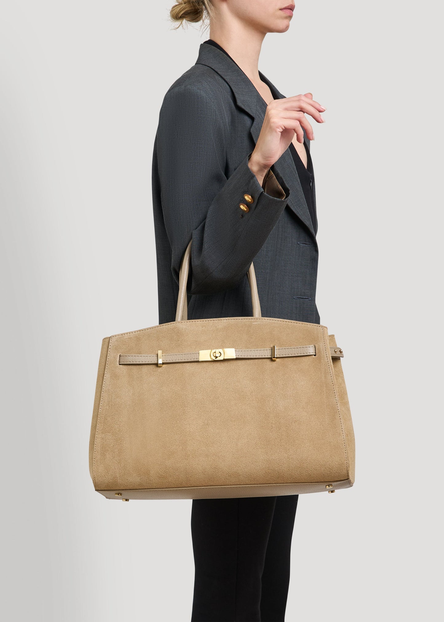 Borsa Driade in Camoscio e Pelle Taupe Chiaro