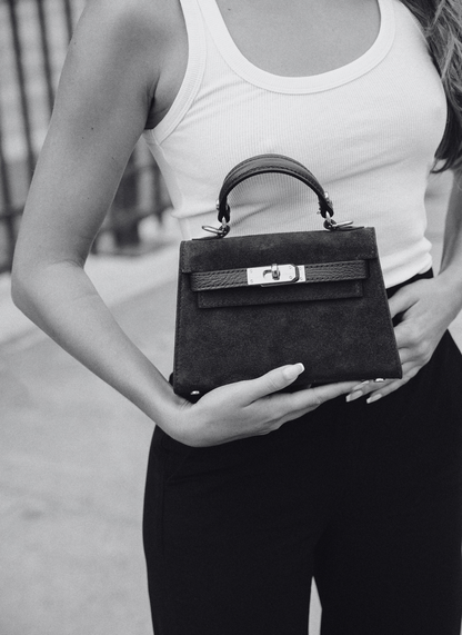 Borsa Victoria in Camoscio e Pelle Taupe scuro